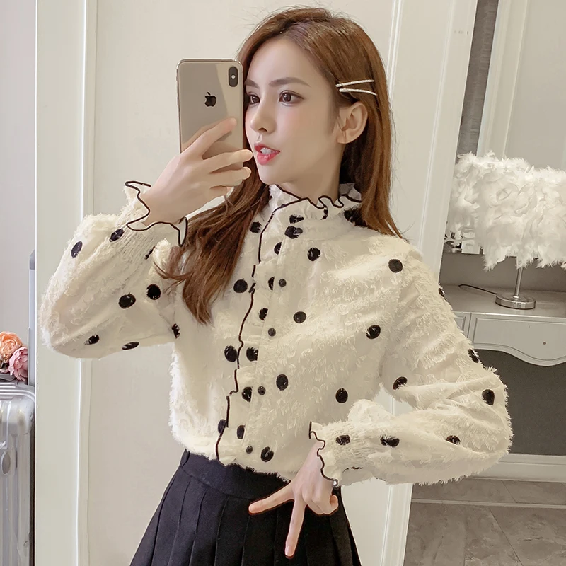 

Blouses Fashion Spring Stand-up Collar Cardigan Polka Dot Long Sleeve Chiffon Shirt Single Row Multiple Buckles Tenafeicc