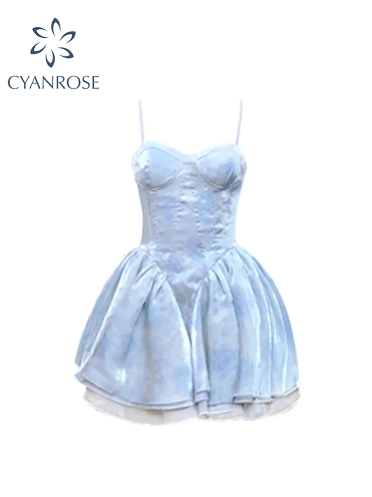 

Женское синее мини-платье, французское элегантное сказочное платье, женское корейское модное милое летнее платье на бретелях-спагетти, модель 2023 года