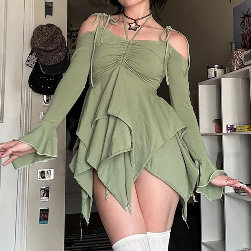 Aesthetic Strap Fairy Short Dress Open Shoulder Flare Sleeve Irregular Hem Slim Fit Mini Dresses Elegant Y2K Outfits 2023
Aesthetic Strap Fairy Short Dress Open Shoulder Flare Sleeve Irregular Hem Slim Fit Mini Dresses Elegant Y2K Outfits 2023