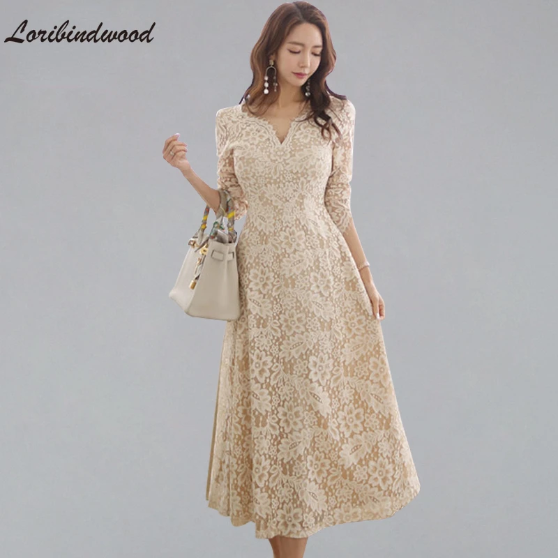 

2022 Temperate A-line Lace Dress Women Spring Full Sleeve Long Swing Dresses OL Special Occasion Evening Party Vestidos