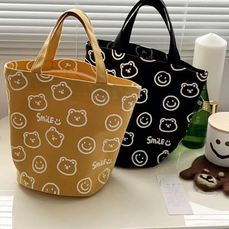 

Ins Bento Canvas Tote Bag For Work Small Carrying Bag Female Simple Everything Rice Bucket Bag Printed Bucket Type Lunch Box Bag