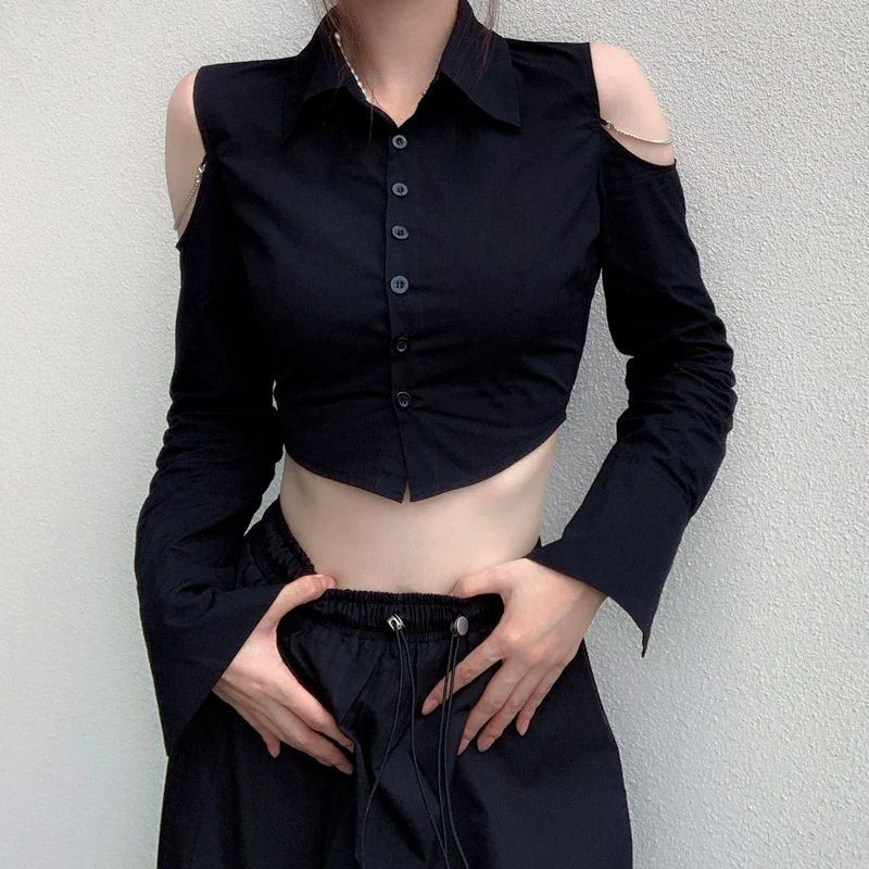 Rimocy Off Shoulder Long Sleeve Cropped Blouse Women Turn Down Collar Black Crop Tops Woman Button Up Slim Fit Shirts Female
Rimocy Off Shoulder Long Sleeve Cropped Blouse Women Turn Down Collar Black Crop Tops Woman Button Up Slim Fit Shirts Female