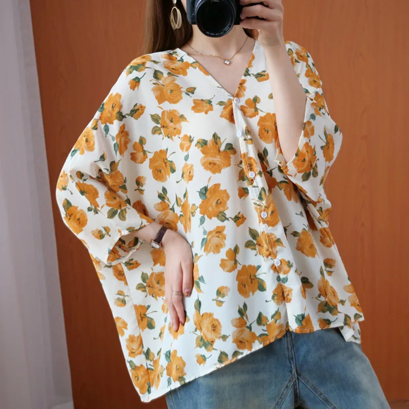 #2979 Full Flower Printed Cotton Linen Shirts Blouse Women Buttons V-neck Vintage Vintage Blouse Bat Sleeve Loose Summer Tops
#2979 Full Flower Printed Cotton Linen Shirts Blouse Women Buttons V-neck Vintage Vintage Blouse Bat Sleeve Loose Summer Tops