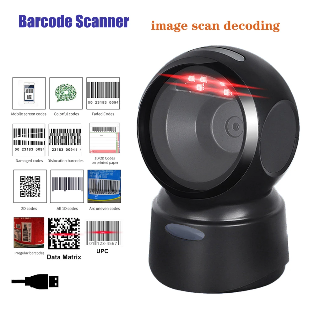 

Всенаправленный сканер штрих-кода 2D, настольный автоматический сенсор 1D 2D QR-кода, матрица данных PDF417, считыватель USB для розничного супермаркета