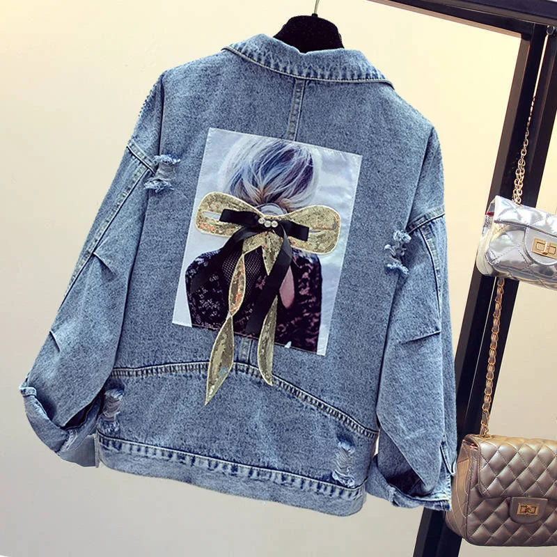 

Женская джинсовая куртка с вышивкой, рваная джинсовая байкерская куртка в стиле ретро с длинным рукавом, отложным воротником и спущенными плечами, джинсовое пальто, кардиган, мотоциклетная верхняя одежда