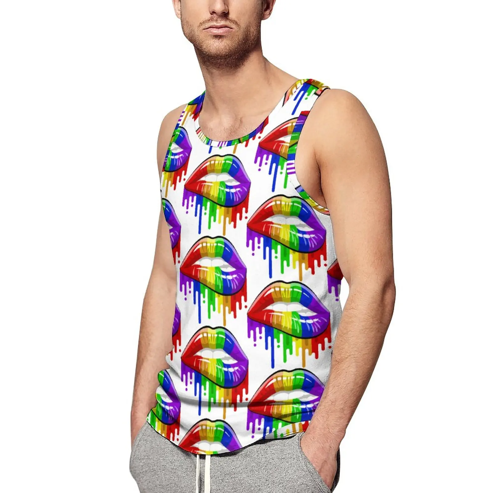 

LGBT Lips in Rainbow Flag Colours Tank Top Man Pride Bodybuilding Oversized Tops Summer Trendy Printed Sleeveless Shirts