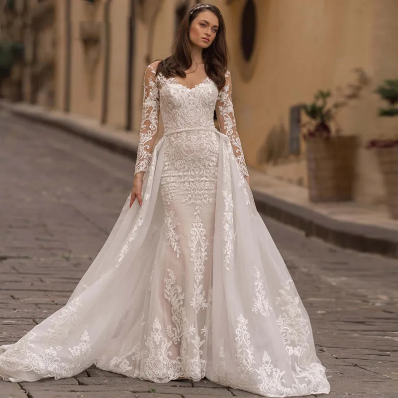 Modern Mermaid Wedding Dress 2022 Detachable Train Boho Long Sleeves Bridal Gown V-Neck Lace Illusion Buttons Robe De Mariée
Modern Mermaid Wedding Dress 2022 Detachable Train Boho Long Sleeves Bridal Gown V-Neck Lace Illusion Buttons Robe De Mariée