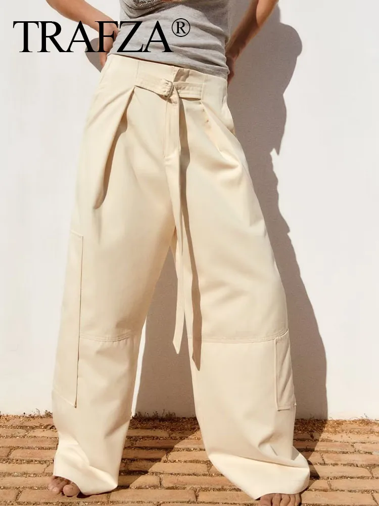 

TRAF ZA Woman New Fashion High Waist Invisible Zip Pockets Wide Leg Pants Women Casual Chic Streetwear Beige Slim Long Pants