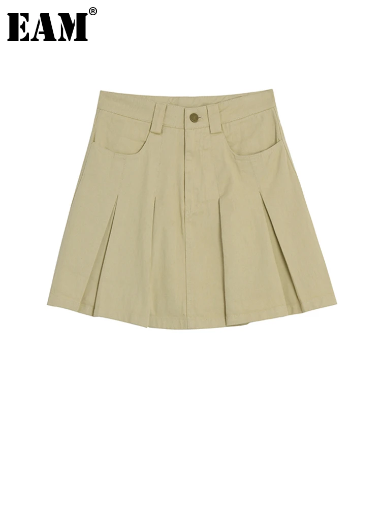

[EAM] High Waist Khaki Black Brief Pocket Pleated Mini Half-body Skirt Women Fashion Tide New Spring Summer 2022 1DE9108
