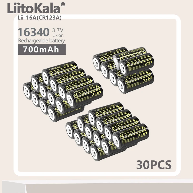 

30PCS LiitoKala Lii-16A 16340 Rechargeable Battery 700mAh 3.7V Lithium Li-ion CR123A For LED Flashlight Arlo Security Camera L70