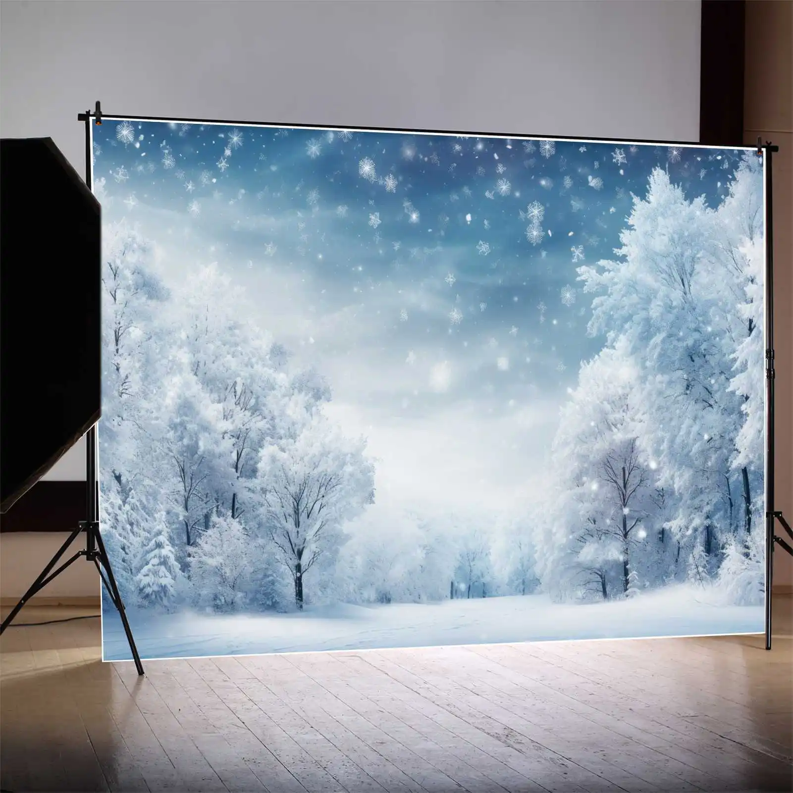 

MOON.QG Backdrop Winter Snow Snowflake Forest Tree Road Photo Booth Background Customized Children's Party Wall Prop Decorations