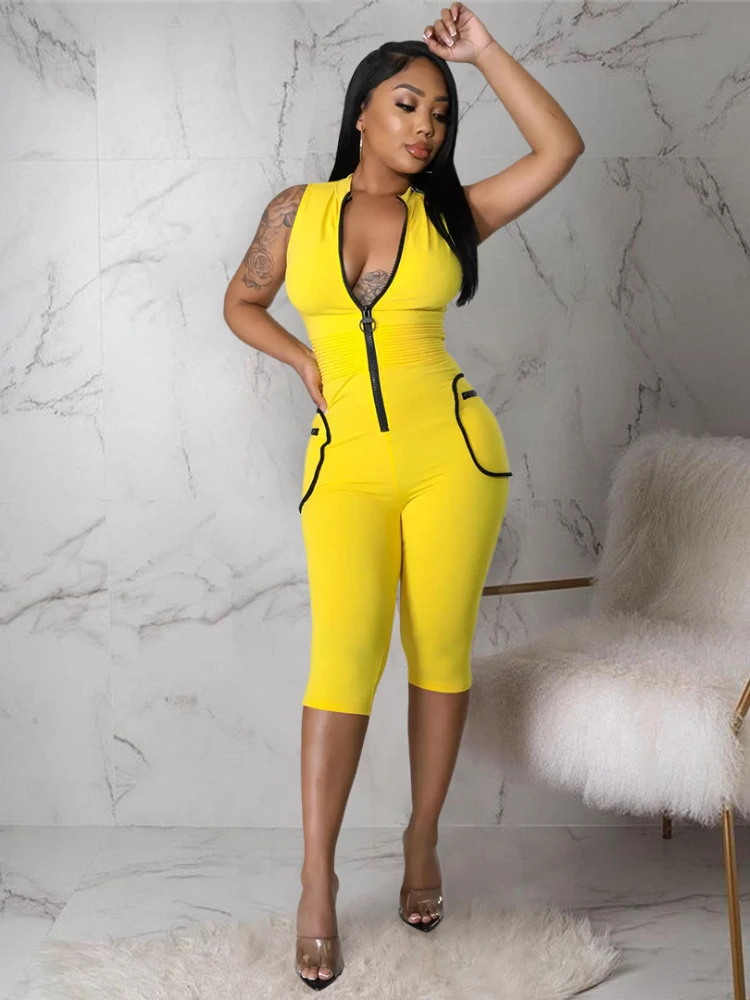Women Sexy Club Street Solid Color Zipper Collar One Piece Knee Length Jumpsuit Summer Sleeveless Pocket Pleated Sport Playsuits
Women Sexy Club Street Solid Color Zipper Collar One Piece Knee Length Jumpsuit Summer Sleeveless Pocket Pleated Sport Playsuits