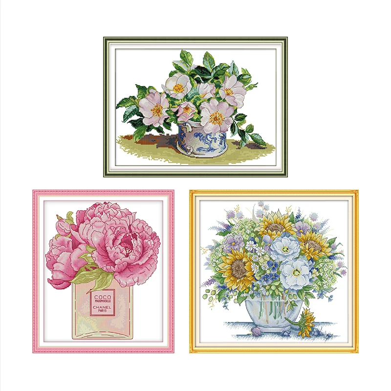 

Flower Vase Series Printed Cross Stitch Kits 14CT 11CT White Count Canvas Fabric Embroidery DIY Hand Sewing Home Deco Painting
