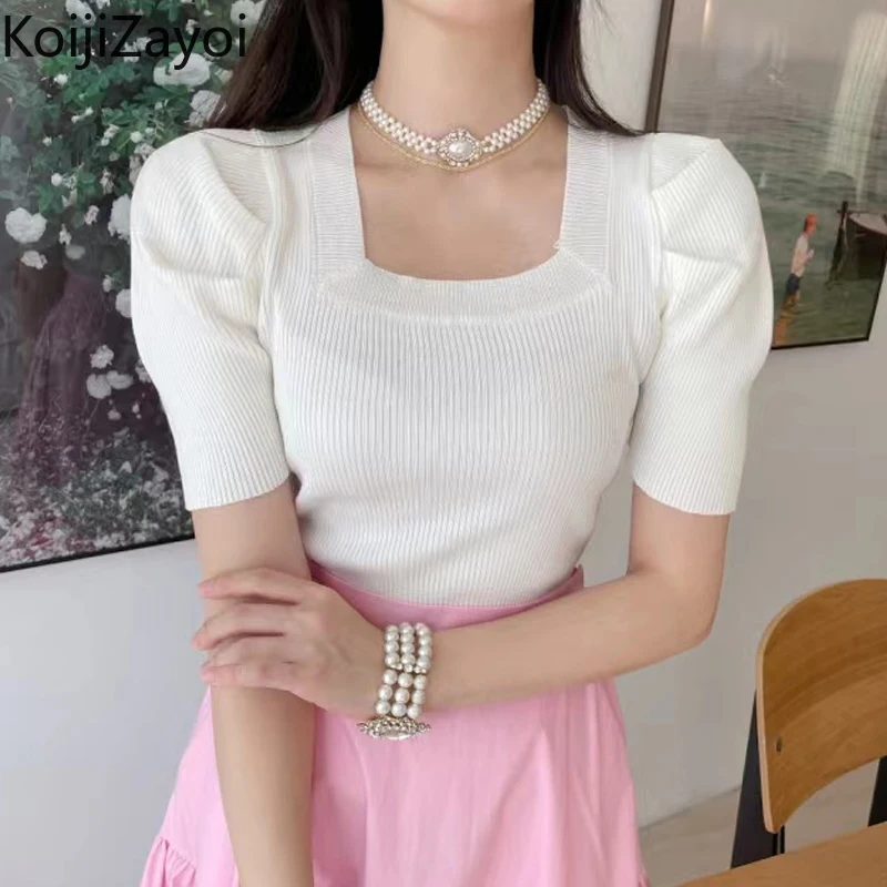 Koijizayoi Knitted Women Fashion Tees Puff Short Sleeves Office Lady Solid Slim T-shirts Chic Korean Lady Square Collar Blusas
Koijizayoi Knitted Women Fashion Tees Puff Short Sleeves Office Lady Solid Slim T-shirts Chic Korean Lady Square Collar Blusas