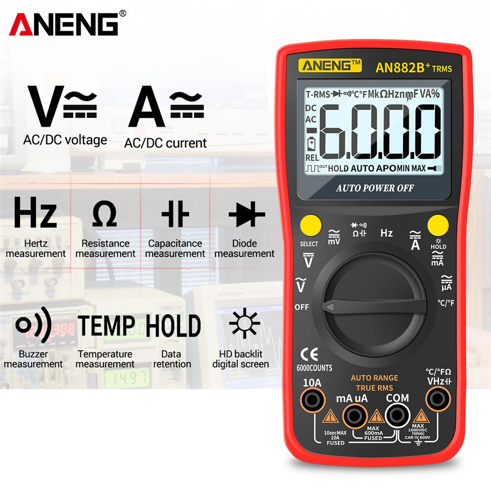 Цифровой мультиметр ANENG AN882B +, профессиональный тестер переменного/постоянного тока, 6000 отсчетов, с измерением напряжения и температуры
Цифровой мультиметр ANENG AN882B +, профессиональный тестер переменного/постоянного тока, 6000 отсчетов, с измерением напряжения и температуры