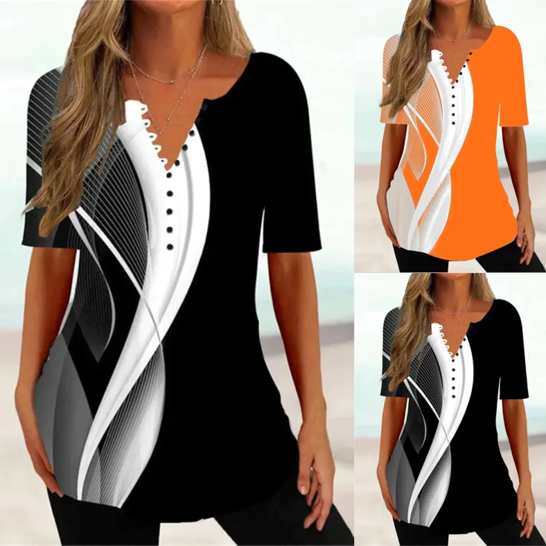 2023 New Hot Selling Casual Fashion Women's Popular Casual V-Neck Button Print Loose Top
2023 New Hot Selling Casual Fashion Women's Popular Casual V-Neck Button Print Loose Top