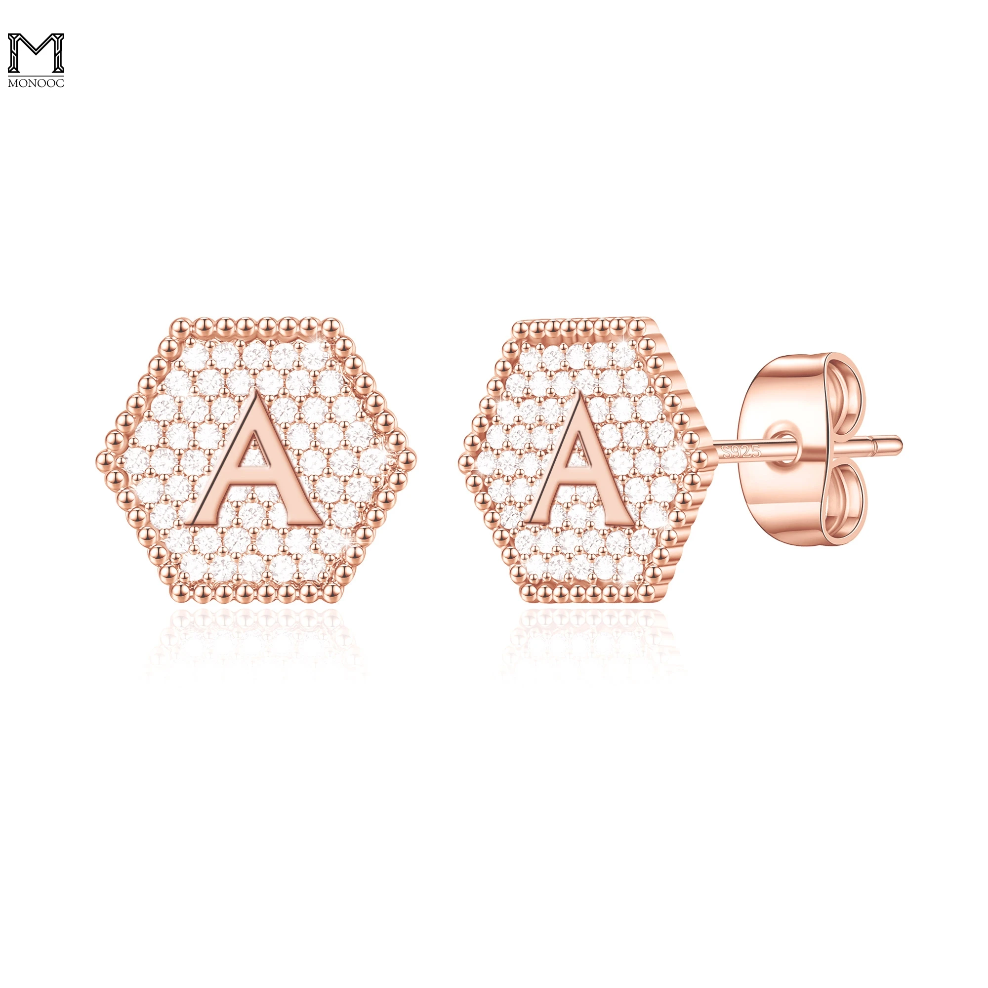 

MONOOC Initial Studs Earrings for Girls Silver Post Hypoallergenic Cubic Zirconia Hexagon Rose Gold Plated Dainty Earrings
