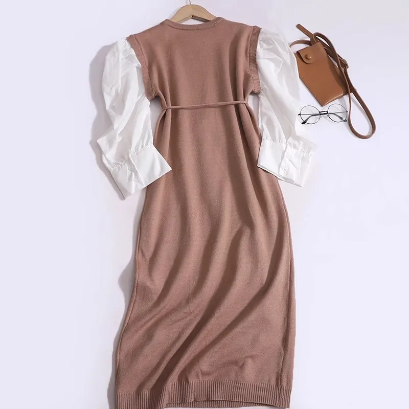French Elegant O-neck Pleated Puff Sleeve Contrast Color Patchwork Lace-up High Waist Knitted Dress Mid-length Sweater Dresses
French Elegant O-neck Pleated Puff Sleeve Contrast Color Patchwork Lace-up High Waist Knitted Dress Mid-length Sweater Dresses