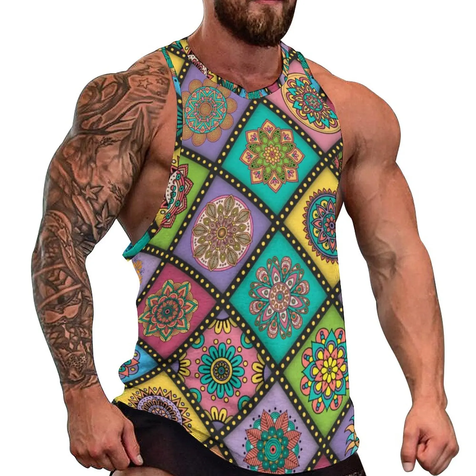 

Retro Mandala Patchwrok Tank Top Men Colorful Print Training Oversized Tops Beach Muscle Printed Sleeveless Vests