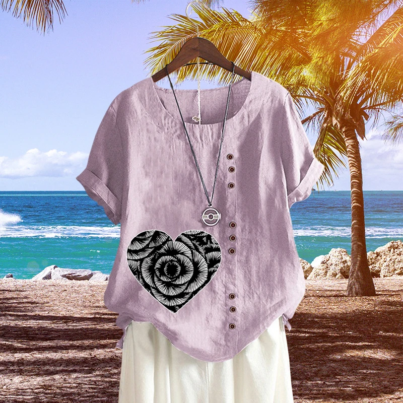 Loving Heart Pattern Pullover Lady's T Shirt Women's Clothing Round Neck Loose Linen Fashion Short Sleeve Popular Top for Summer
Loving Heart Pattern Pullover Lady's T Shirt Women's Clothing Round Neck Loose Linen Fashion Short Sleeve Popular Top for Summer