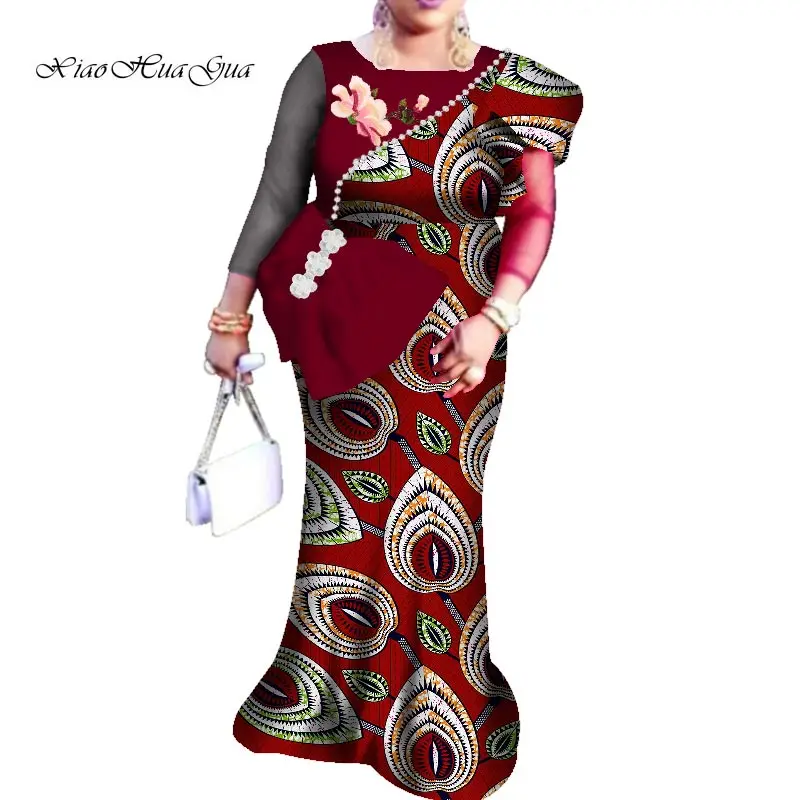 

Asymmetric Long Maxi Dresses Women African Dress with Pearl Applique Big Bow African Print Plus Size Women Clothing WY7581