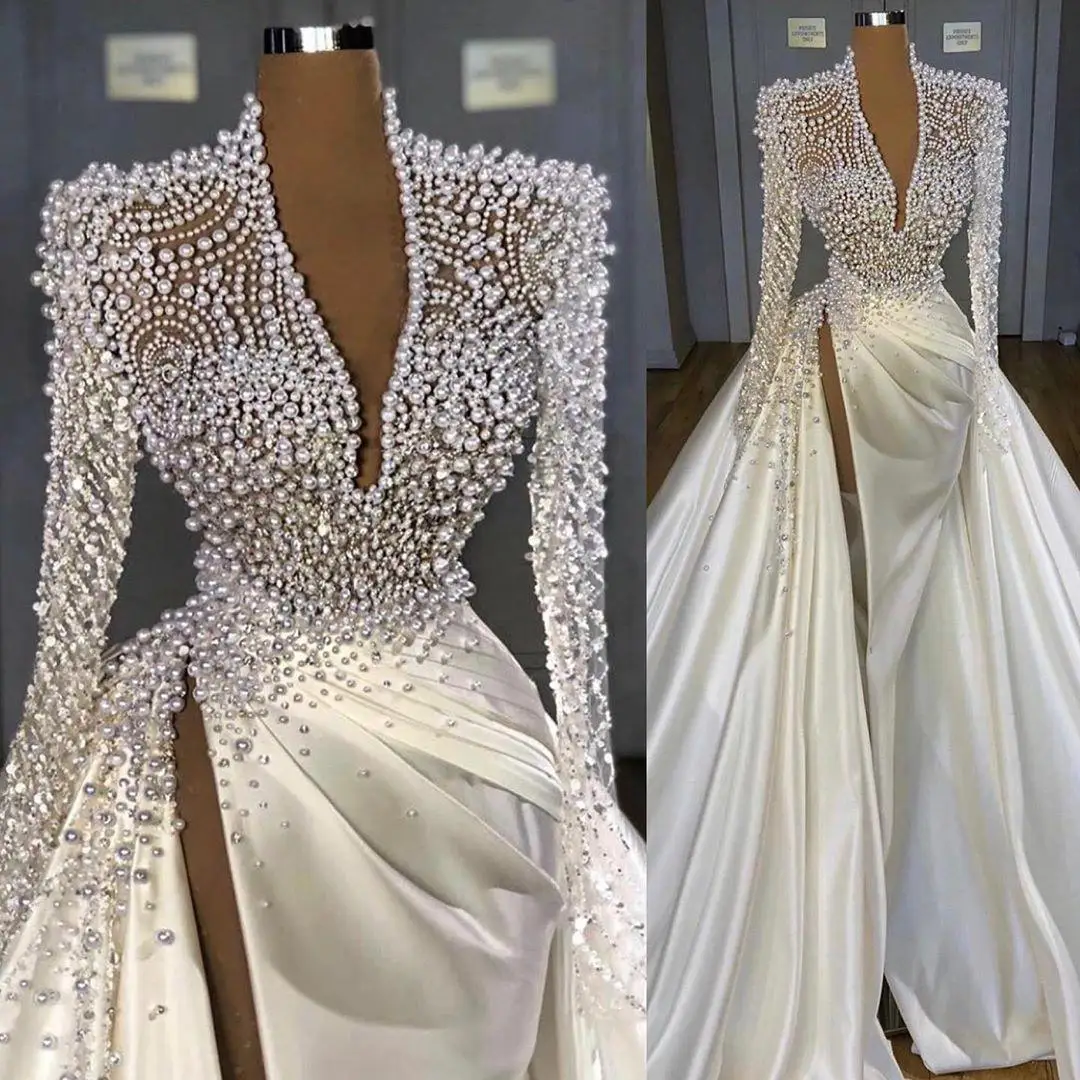 Major Pearls Overskirts Mermaid Wedding Dress Beads Side Split Deep V Neck Satin Long Bridal Gowns Luxury African Vestidos Novia
Major Pearls Overskirts Mermaid Wedding Dress Beads Side Split Deep V Neck Satin Long Bridal Gowns Luxury African Vestidos Novia