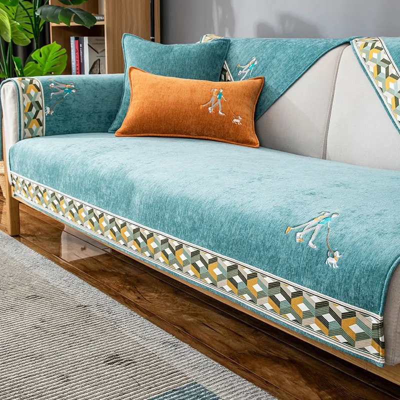 

Современные чехлы для дивана, L-образный нескользящий чехол для кресла из синели с вышивкой, защита мебели на 1/2/3/4 места