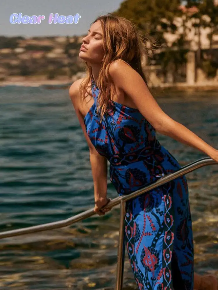 Female Elegant Chic Vintage Print Split Halter Dress Fashion Sleeveless Backless Vestidos 2023 Summer Ladies Beach Vacation Robe 
Female Elegant Chic Vintage Print Split Halter Dress Fashion Sleeveless Backless Vestidos 2023 Summer Ladies Beach Vacation Robe