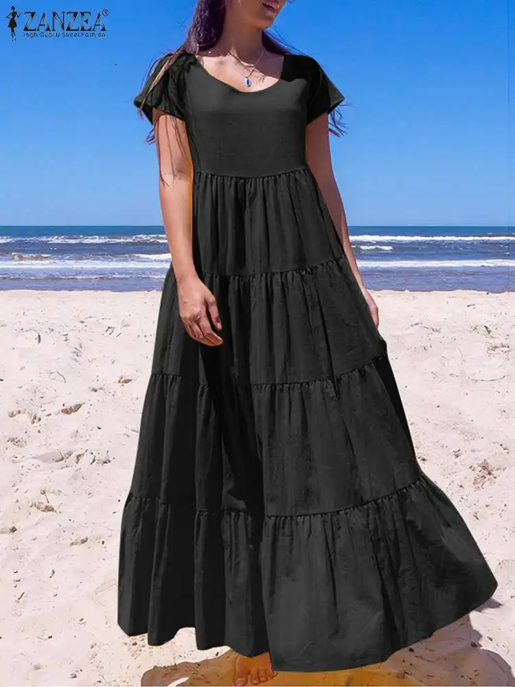 

ZANZEA Vacation Fashion Maxi Dress Women Solid Scoop Neck Short Sleeve Long Robes Summer Pleated Tiered Casual A-line Sundress