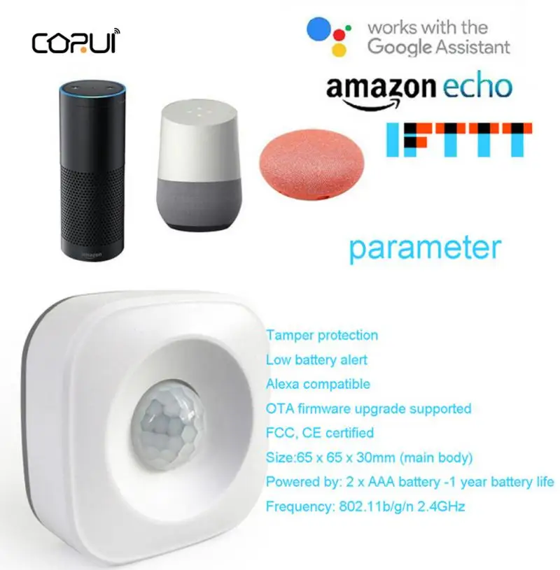 Corui Intelligent Home Body Infrared Detector Smart Sensor Alarm Google Home IFTTT Voice Assistant Work Independently Smart Home
Corui Intelligent Home Body Infrared Detector Smart Sensor Alarm Google Home IFTTT Voice Assistant Work Independently Smart Home