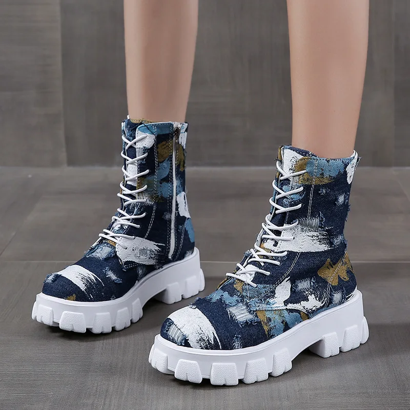 Womens Denim Ankle Short Boots Lace Up Mixed Color Fashion Comfortable Camouflage Canvas Shoes Woman Graftti Motorcycle
Womens Denim Ankle Short Boots Lace Up Mixed Color Fashion Comfortable Camouflage Canvas Shoes Woman Graftti Motorcycle