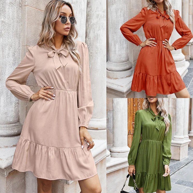 Vintage Solid Women' Dress Bow Tie Slim Long Sleeve Dresses Female Autumn Winter Ruffles Streetwear Vestidos
Vintage Solid Women' Dress Bow Tie Slim Long Sleeve Dresses Female Autumn Winter Ruffles Streetwear Vestidos