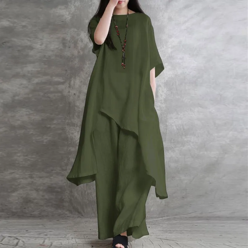 

Spring Summer Blended Pants Suits Solid O-Neck Half Sleeve Irregular Hem Tops and Wide Leg Pants Casual Loose Two Piece Sets