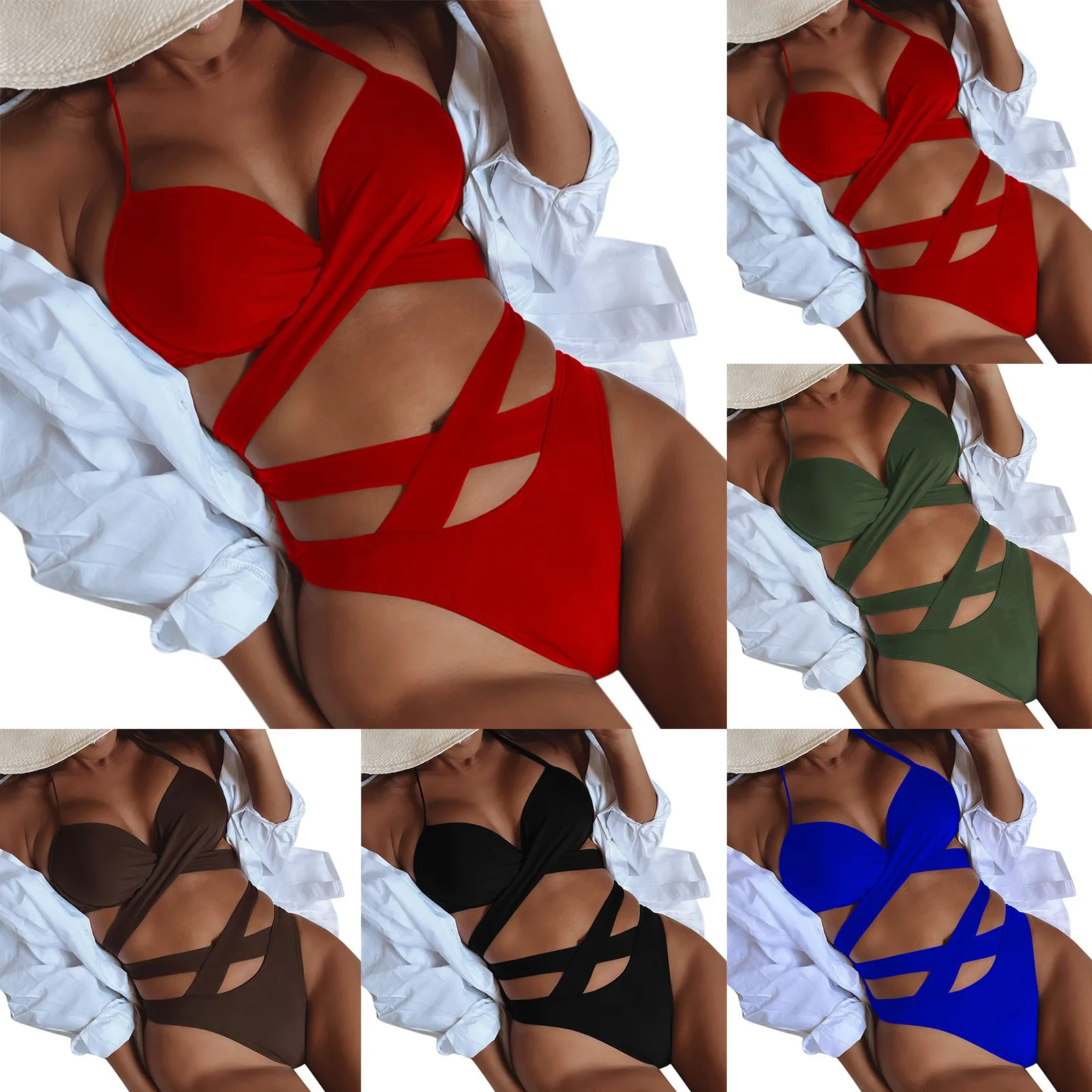

2023 Women Sexy Bandage One Piece Cutout Plunge Monokini Swimsuit Solid White Black Red Female Sexy Navel Bathing Suit Beachwear