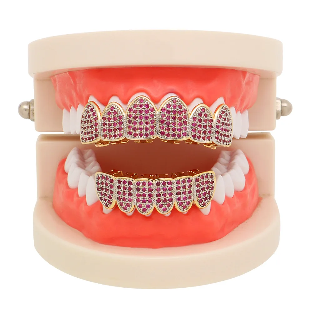 

12pcs Teeth Hip-Hop Braces Top & Bottom Electroplated Gold Micro Inlaid Zircon Grills Diamond Crystal Vampire Fangs Accessories