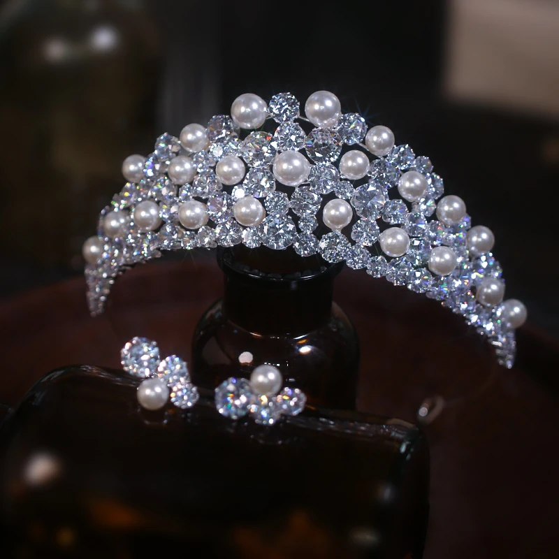 

European Pearls CZ Zircon Wedding Tiaras Crowns Headbands Crystal Evening Hairbands Brides Hair Accessories Prom Jewelry