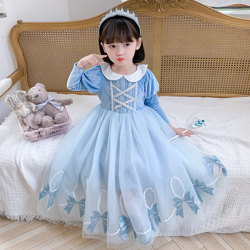

Kids Bow Sequins Gauze Dress Halloween Xmas Cosplay Costume Frozen Princess Elsa Performance Dress Girls Puff-sleeve Long Skirt