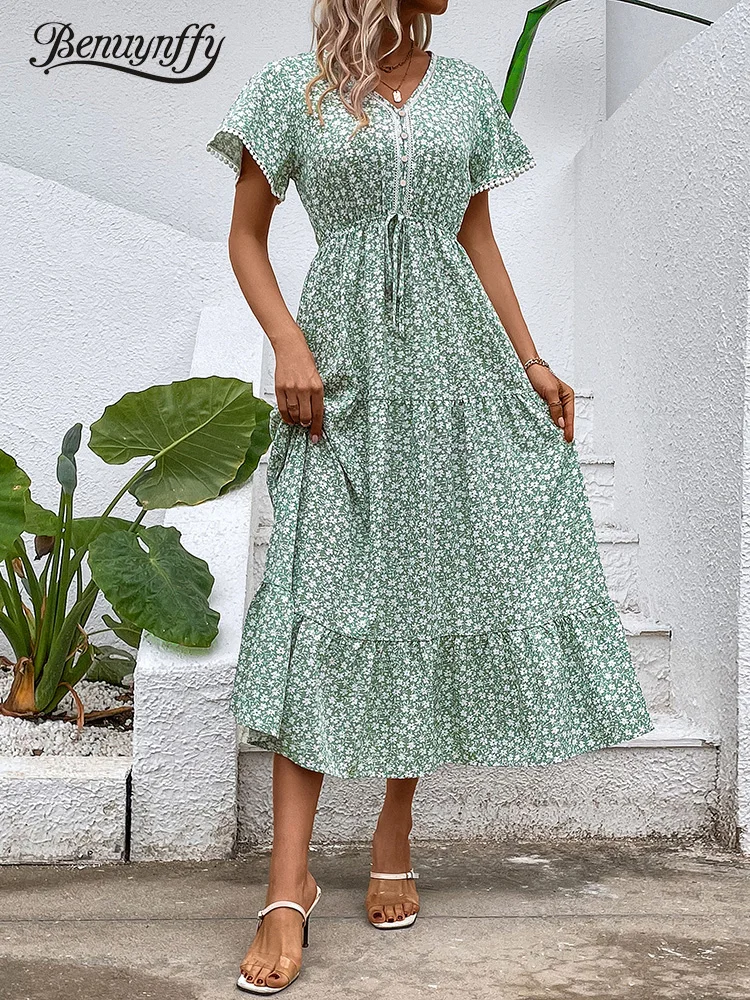 

Benuynffy Ditsy Floral V-neck Knot Front Button Women Summer Dress 2023 Short Sleeve Vacation Beach Elegant Swing Long Dresses