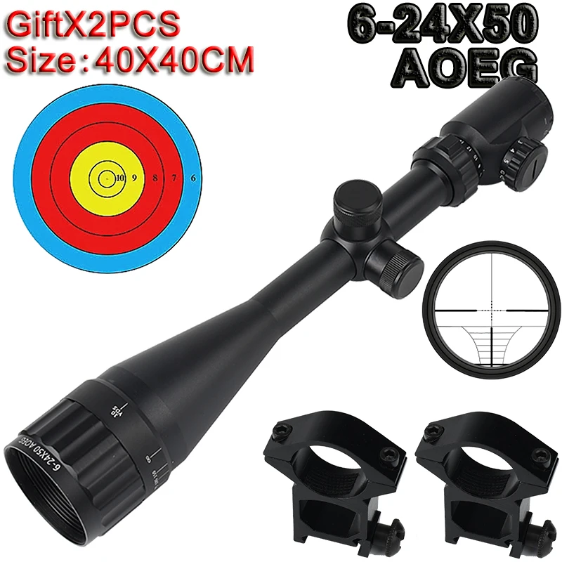 6-24X50 AOEG Optics Hunting Rifle Scope Red/Green Illuminated Crosshair Gun Scope with Flip Up Scope Cover and 20mm Rail Mounts
6-24X50 AOEG Optics Hunting Rifle Scope Red/Green Illuminated Crosshair Gun Scope with Flip Up Scope Cover and 20mm Rail Mounts