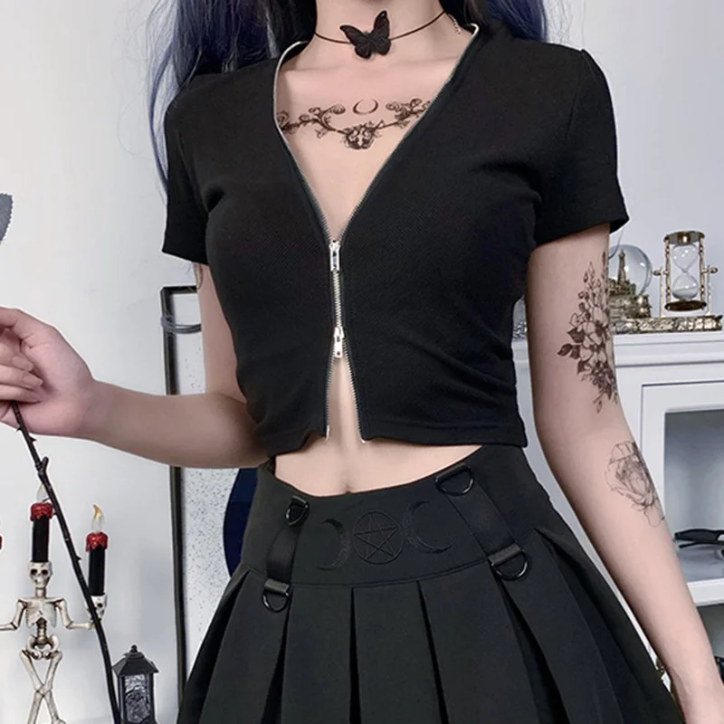 Rosetic 2022 New Fashion Women Goth Short Sleeve Blouse Zipper Solid Color Slim Gothic Style Sexy Ladies Blouse For Whole Season
Rosetic 2022 New Fashion Women Goth Short Sleeve Blouse Zipper Solid Color Slim Gothic Style Sexy Ladies Blouse For Whole Season