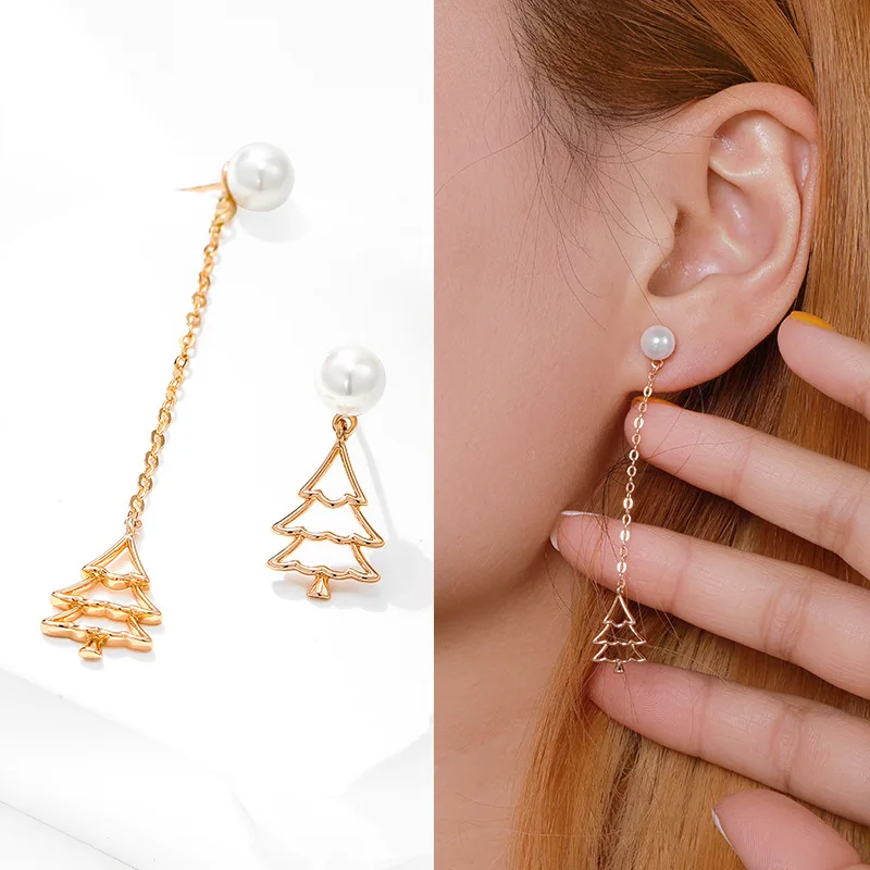 

Shining U Chrismas Tree Pearl Earrings Asymmetric Plated In 18K Gold Fashion Jewelry for Women