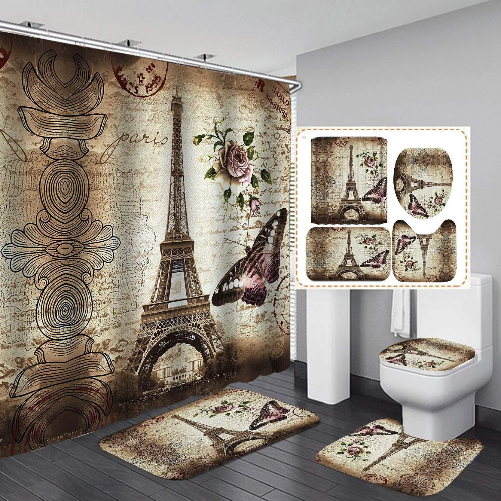 Paris Eiffel Tower Shower Curtain Set Bathroom Curtains Bath Carpet Anti-slip Mats Doormats Soft Toilet Rugs Home 4 Pieces Set
Paris Eiffel Tower Shower Curtain Set Bathroom Curtains Bath Carpet Anti-slip Mats Doormats Soft Toilet Rugs Home 4 Pieces Set