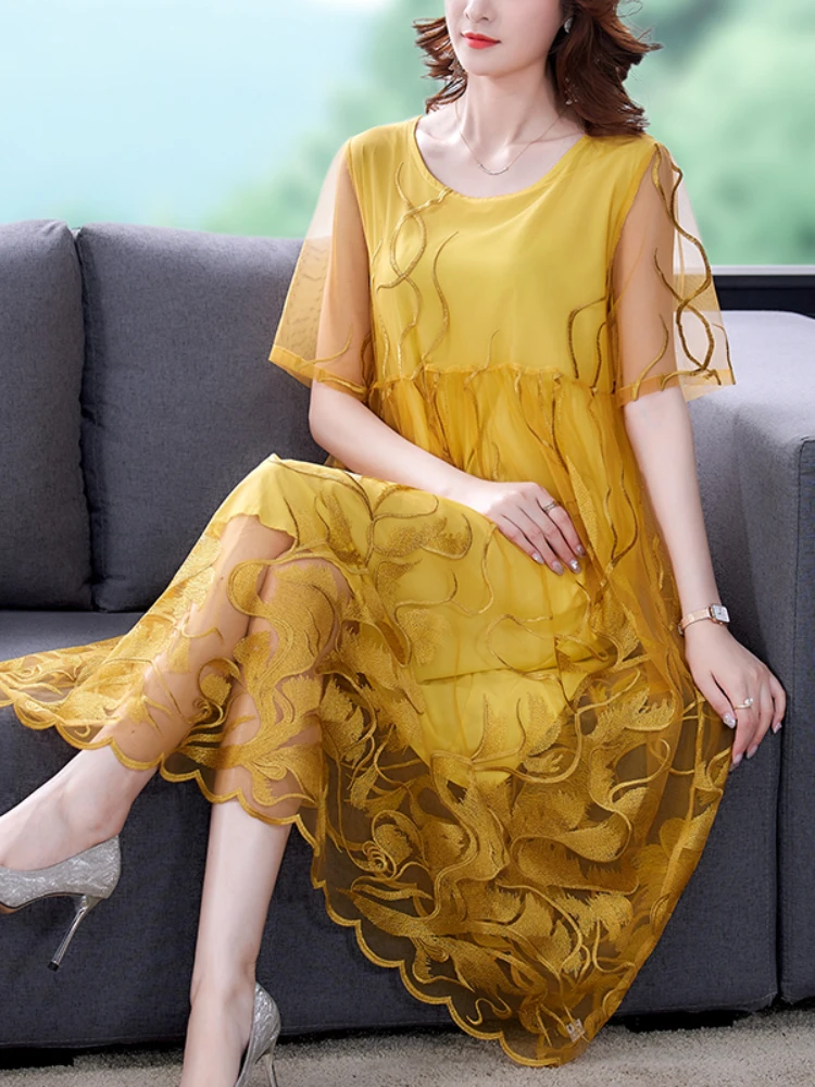 2023 Summer O-Neck Silk Embroidery Short Sleeve Long Dress A-line Dress Mesh Lace Splice Flower Embroidery Long Dress
2023 Summer O-Neck Silk Embroidery Short Sleeve Long Dress A-line Dress Mesh Lace Splice Flower Embroidery Long Dress
