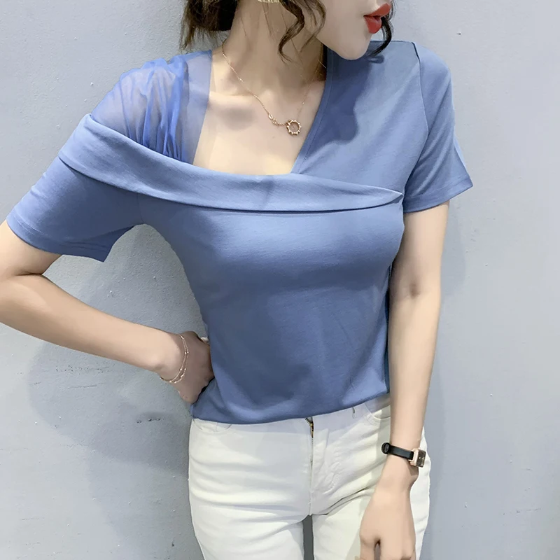 Summer Korean Clothes Cotton T-Shirt Chic Sexy Skew Collar Irregularity Patchwork Mesh Women's Tops Short Sleeve New Tees 2140
Summer Korean Clothes Cotton T-Shirt Chic Sexy Skew Collar Irregularity Patchwork Mesh Women's Tops Short Sleeve New Tees 2140