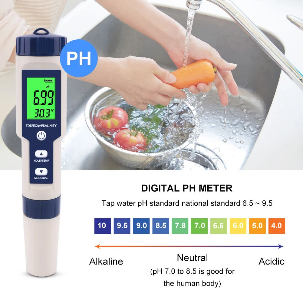 5 n 1 Water Quality Testing Pen PH Meter TDS/EC/PH/Salinity/Temperature Aquariums Meter Detector Monitor Purity Measure Tool
5 n 1 Water Quality Testing Pen PH Meter TDS/EC/PH/Salinity/Temperature Aquariums Meter Detector Monitor Purity Measure Tool