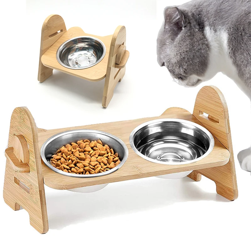 

Elevated Dog Bowls Slanted Raised Pet Food Water Feeder Bowl for Small Dogs Cat French Bulldog Feeding Dishes with Bamboo Stand