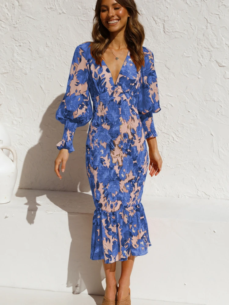 Floral Print Lantern Long Sleeve Elastic Midi Dress Women Chiffon Sexy Bodycon Ruffles Elegant Evening Party Dress Vestidos 2022
Floral Print Lantern Long Sleeve Elastic Midi Dress Women Chiffon Sexy Bodycon Ruffles Elegant Evening Party Dress Vestidos 2022