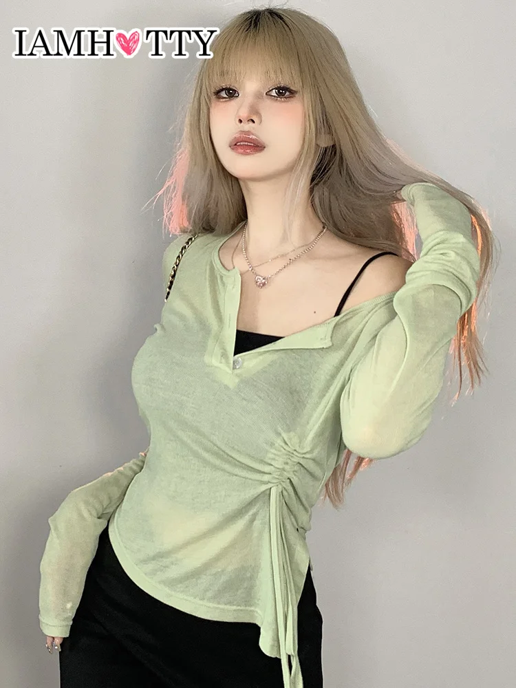 IAMHOTTY Irregular Off-Shoulder Side Ruched Drawstring Sheer Top Green Korean Style See Through Thin Button Up Pullover Cute Tee 
IAMHOTTY Irregular Off-Shoulder Side Ruched Drawstring Sheer Top Green Korean Style See Through Thin Button Up Pullover Cute Tee