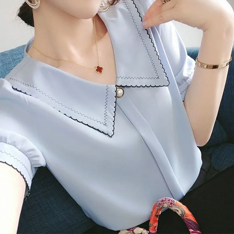 2022 Summer New Women Elegant Fashion Peter Pan Collar Solid All-match Blouses Korean Button Short Sleeve Pullovers Shirt Female 
2022 Summer New Women Elegant Fashion Peter Pan Collar Solid All-match Blouses Korean Button Short Sleeve Pullovers Shirt Female