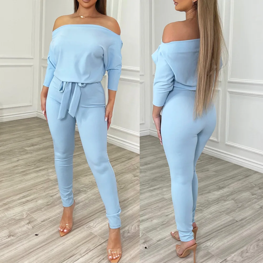 Sky-blue Casual Jumpsuit Women Elegant Off Shoulder Ruffle Elastic Waist Long Jumpsuit Plus Size 
Sky-blue Casual Jumpsuit Women Elegant Off Shoulder Ruffle Elastic Waist Long Jumpsuit Plus Size